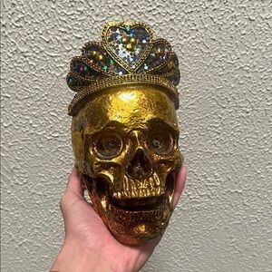Gold Skeleton Skull with Light Up Eyes Wearing Crown Halloween Decor